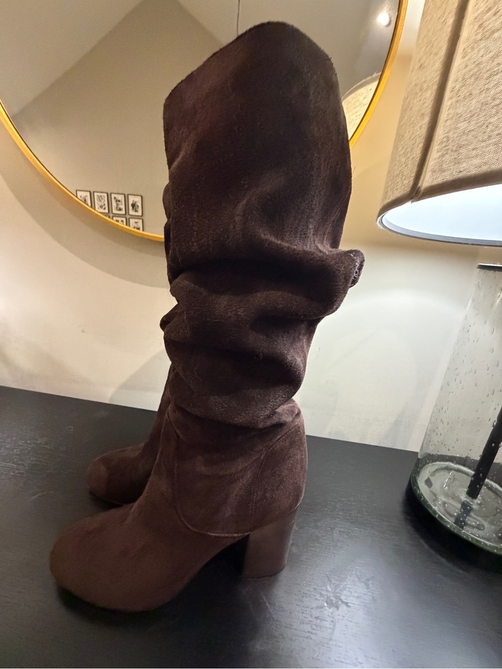 Michael Kors Dark Brown Suede Slouch Knee-High Block Heel Boots